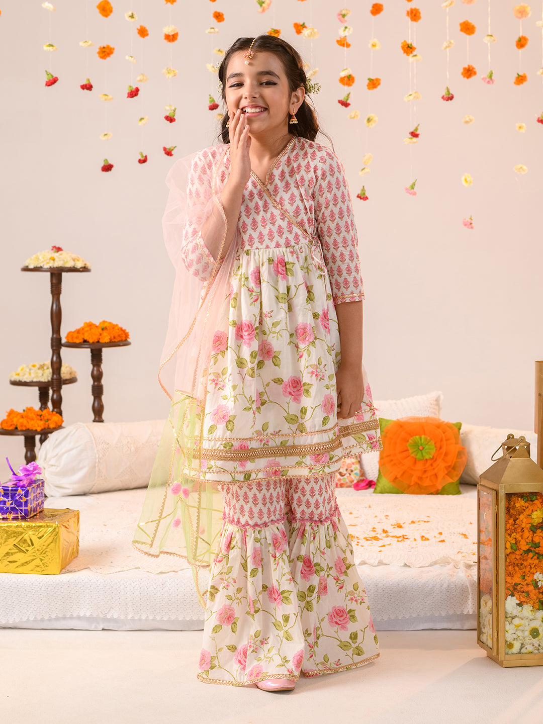 GULZAR – FLORAL PINK GHARARA SET FOR GIRLS