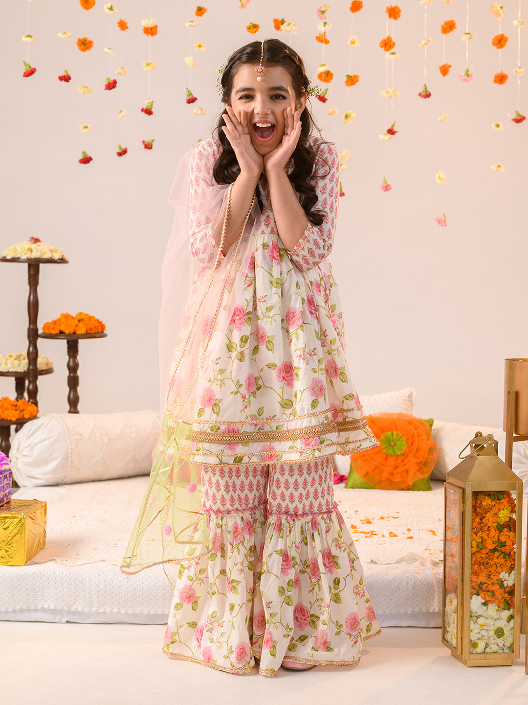 GULZAR – FLORAL PINK GHARARA SET FOR GIRLS